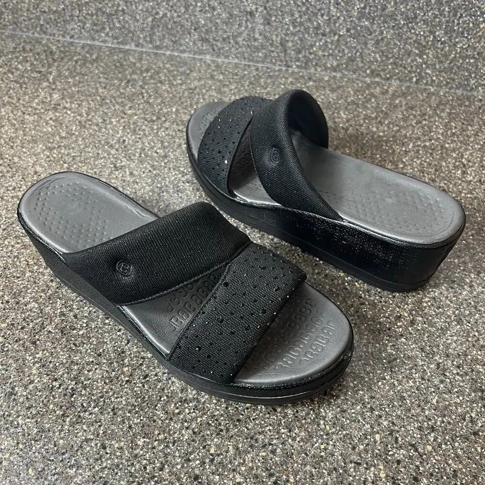 Bzees Sandals Womens Size 8M Black Glitter Fabric Slip On Open Toe Wedge Comfort
